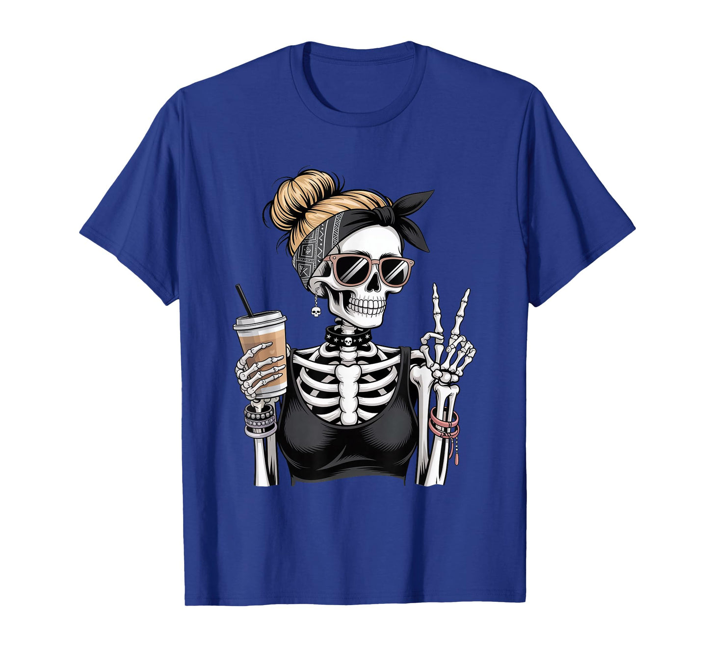 Skeleton Girl Drinking Coffee Peace Sign Graphic for Women T-Shirt