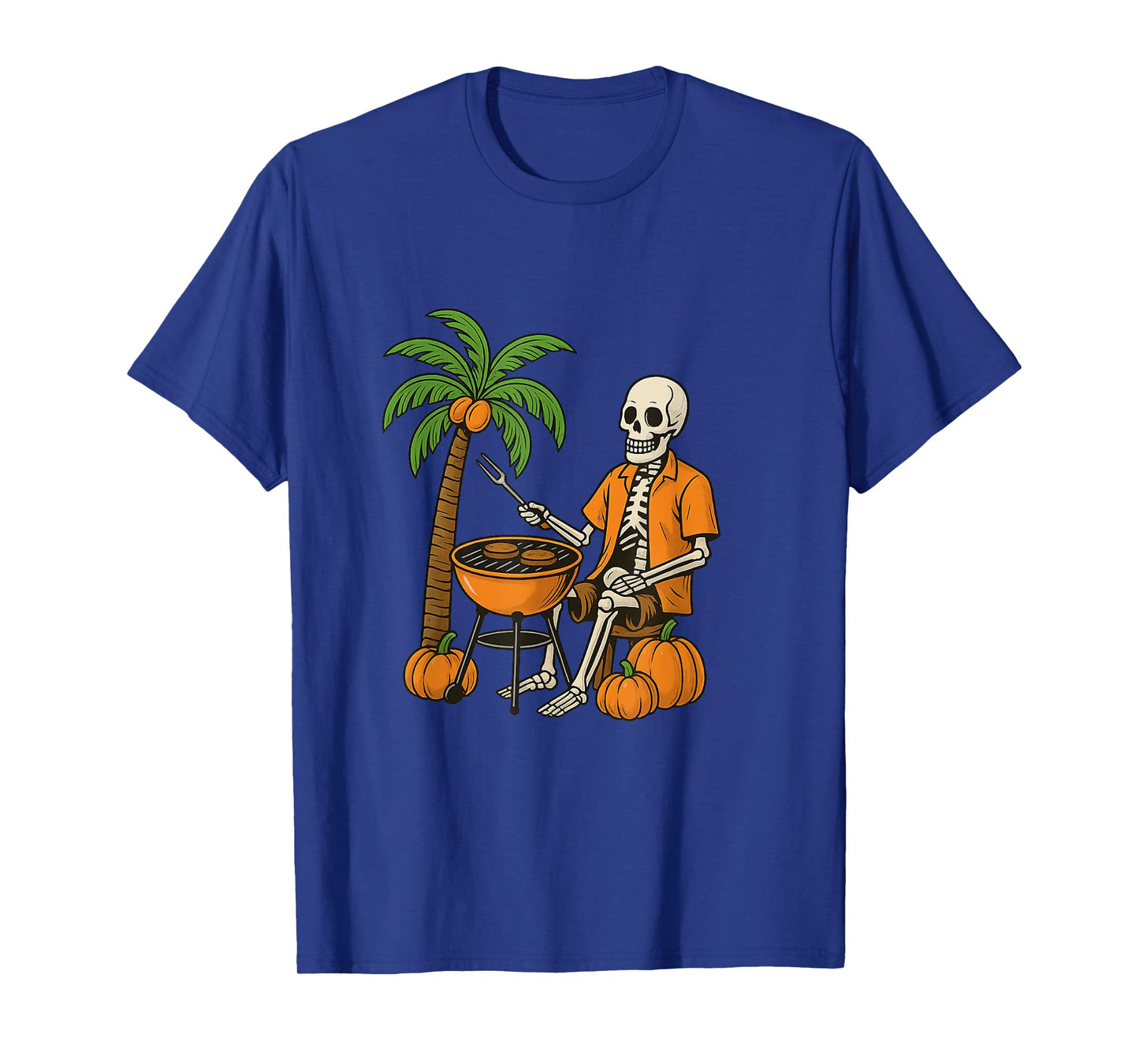 Skeleton Grilling Burgers with Pumpkins Halloween Design T-Shirt