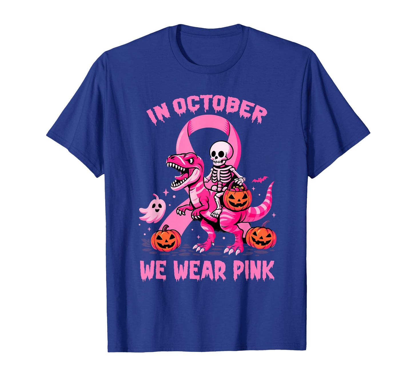 in October We Wear Pink Skeleton Riding Dinosaur T Rex T-Shirt