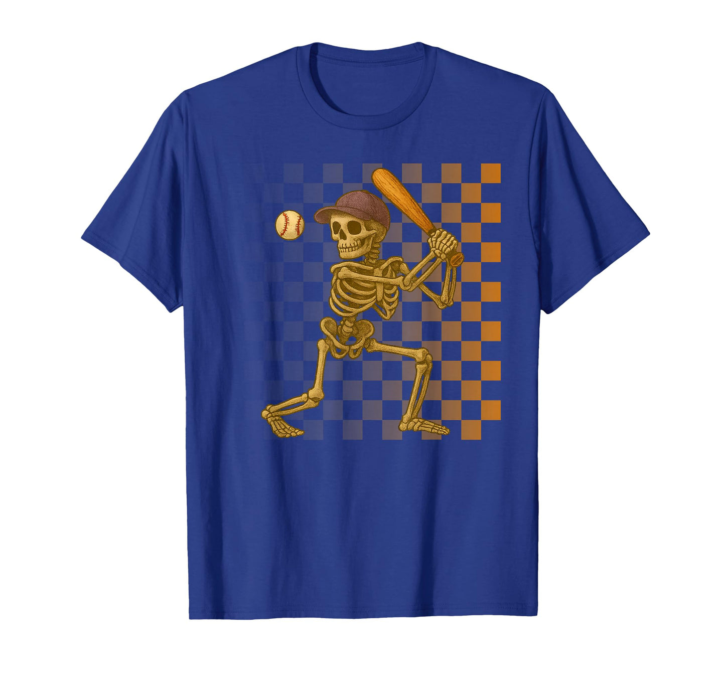 Skeleton Baseball Halloween Costume Retro Vintage Checkered T-Shirt