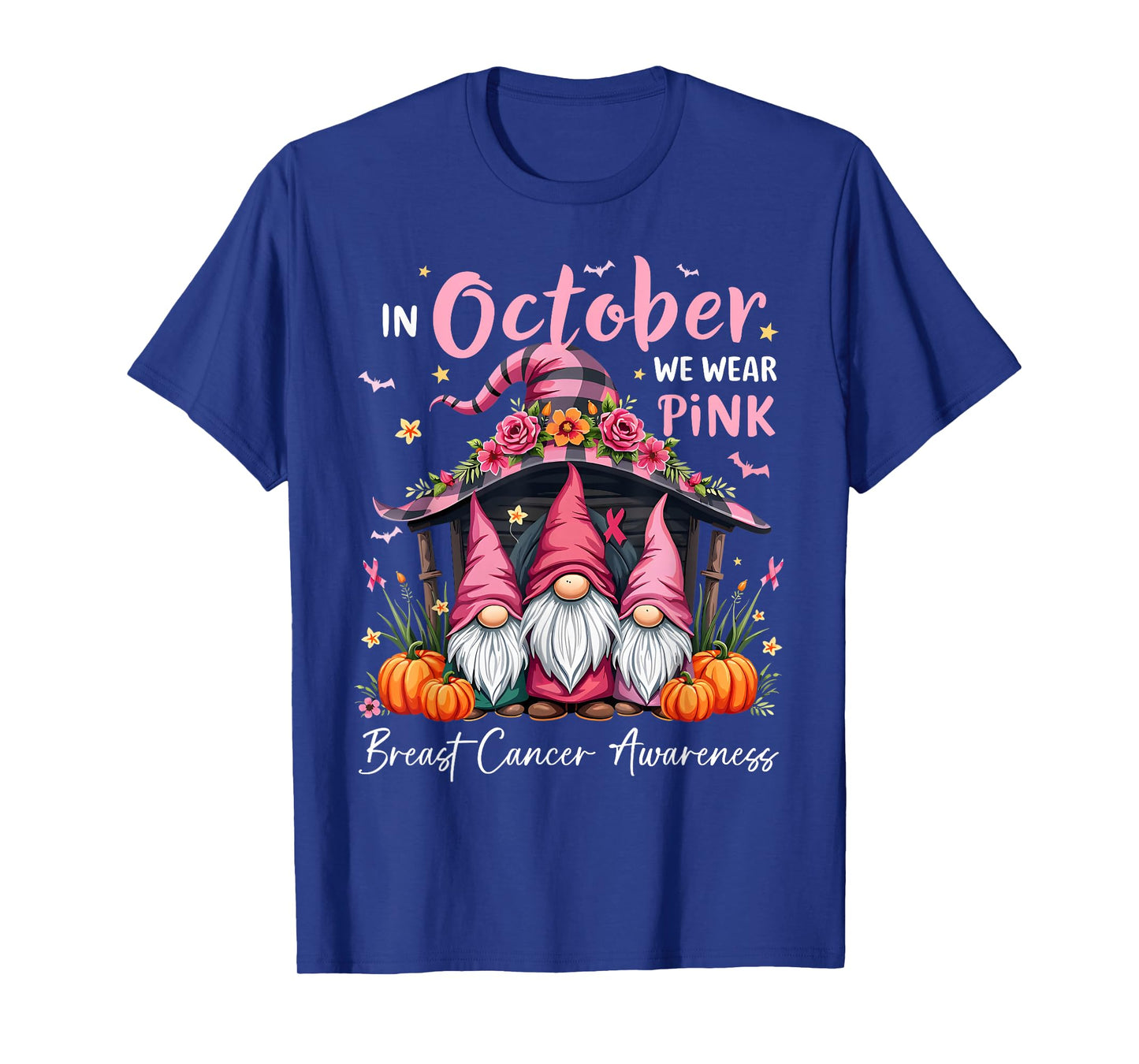 in October We Wear Pink Gnome Breast Cancer Awareness Womens T-Shirt