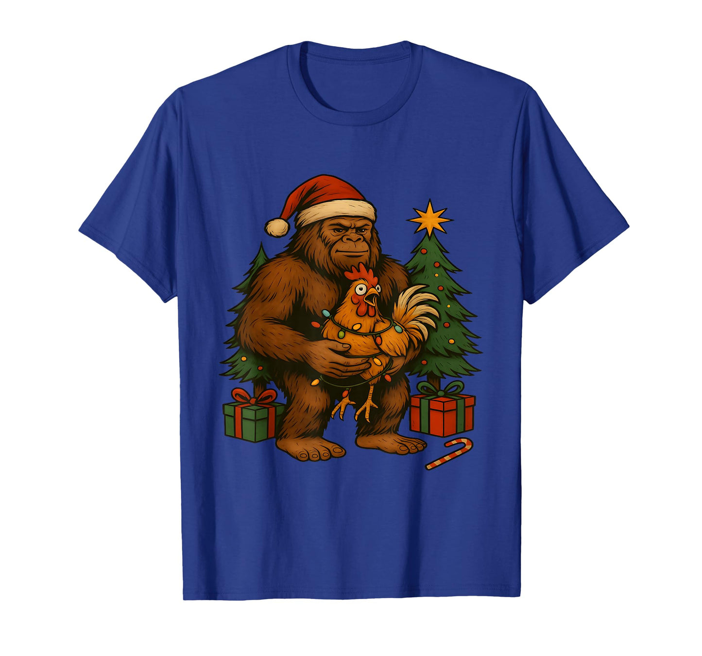 Bigfoot Holding Rooster Meme F-Caw-F Chicken Christmas T-Shirt