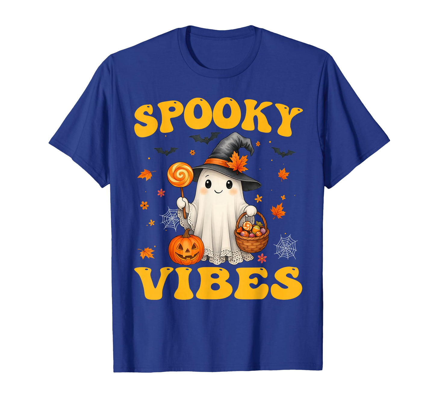 Groovy Spooky Vibes Retro Ghost Holding Pumpkin Halloween T-Shirt