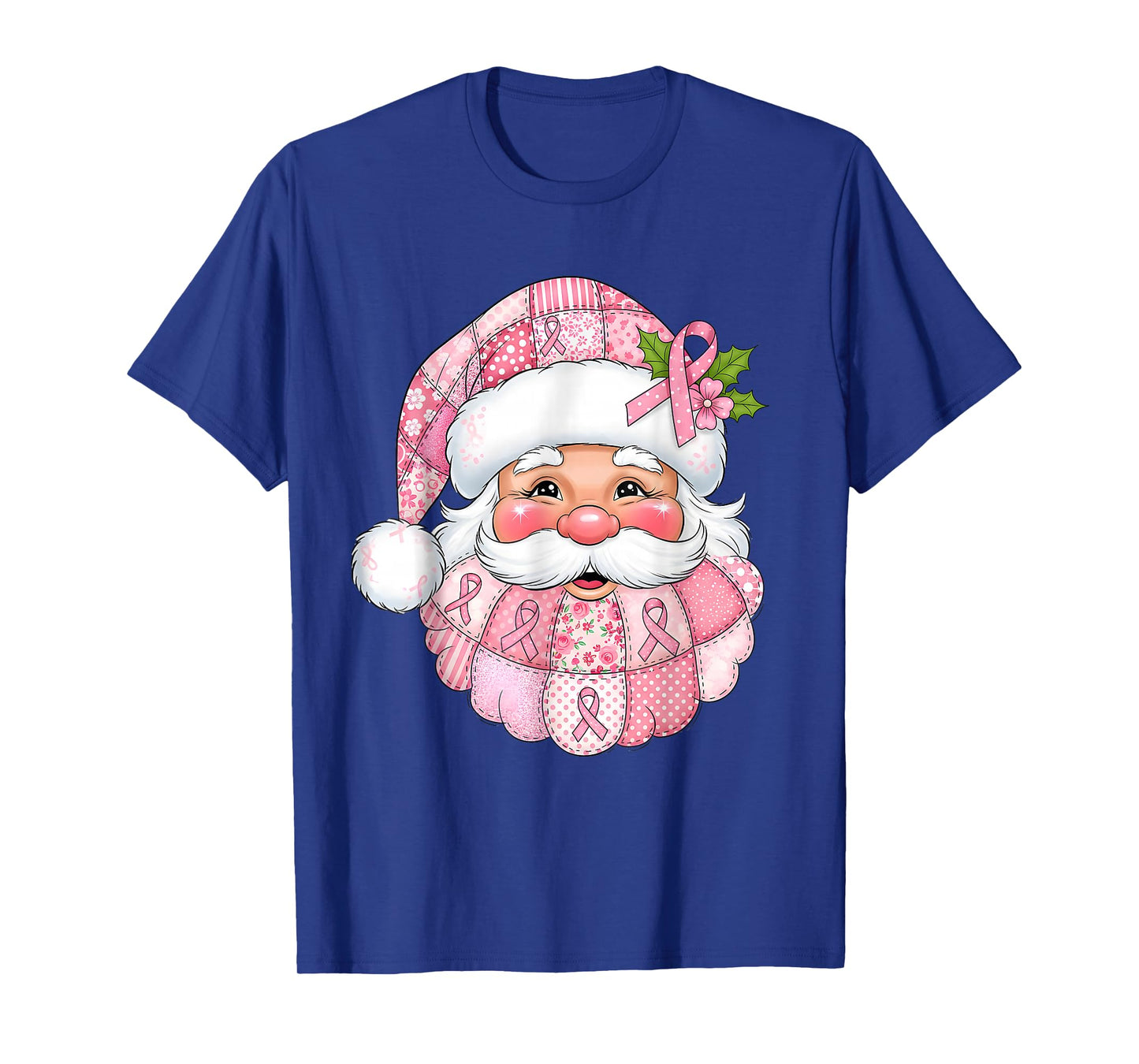 Pink Patchwork Santa Breast Cancer Awareness Christmas T-Shirt