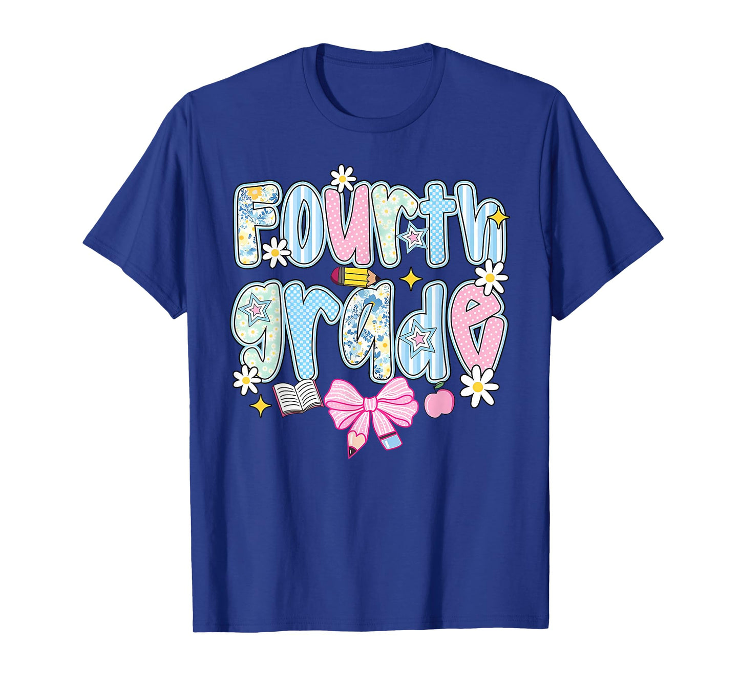 Preppy Fourth Grade Teacher Blue Floral Coquette Pencil Bow T-Shirt