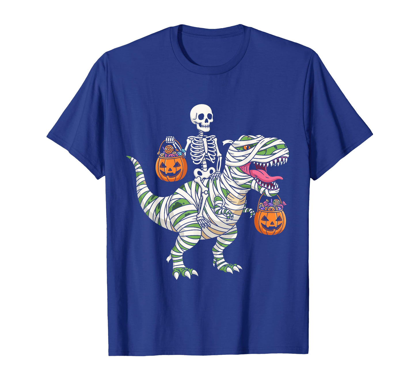 Skeleton Riding Mummy Dinosaur T-Rex Funny Halloween Pumpkin T-Shirt