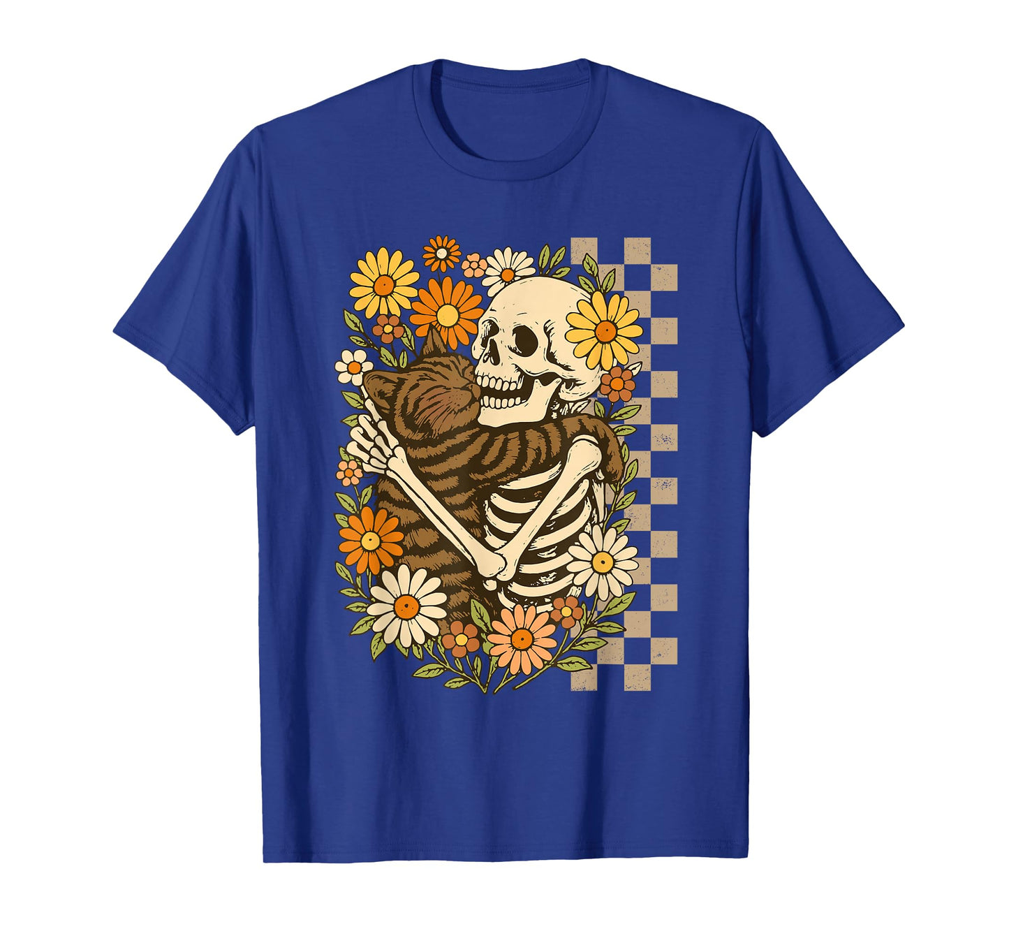 Floral Skeleton Hugging Cat Halloween Cat Lover Cat Mom Dad T-Shirt