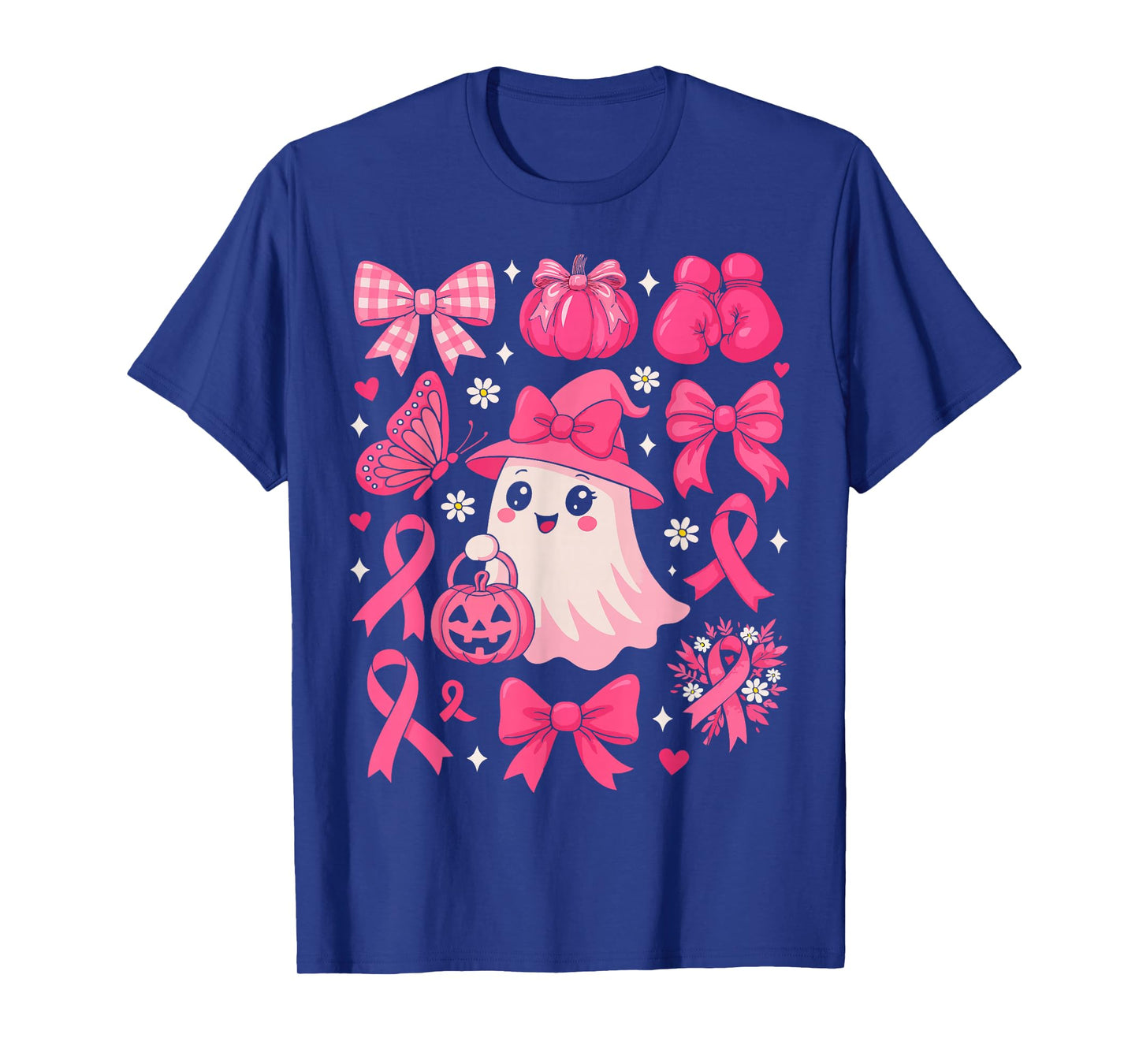 Floral Ghost Pink Ribbon Coquette Bow Pumpkin Breast Cancer T-Shirt