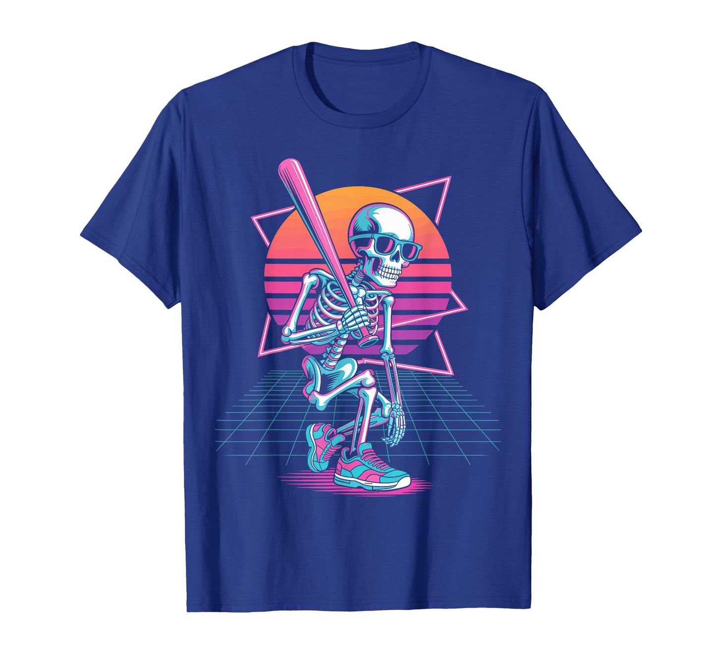 Retro 80s Skeleton Baseball Graphic Halloween Vaporwave T-Shirt