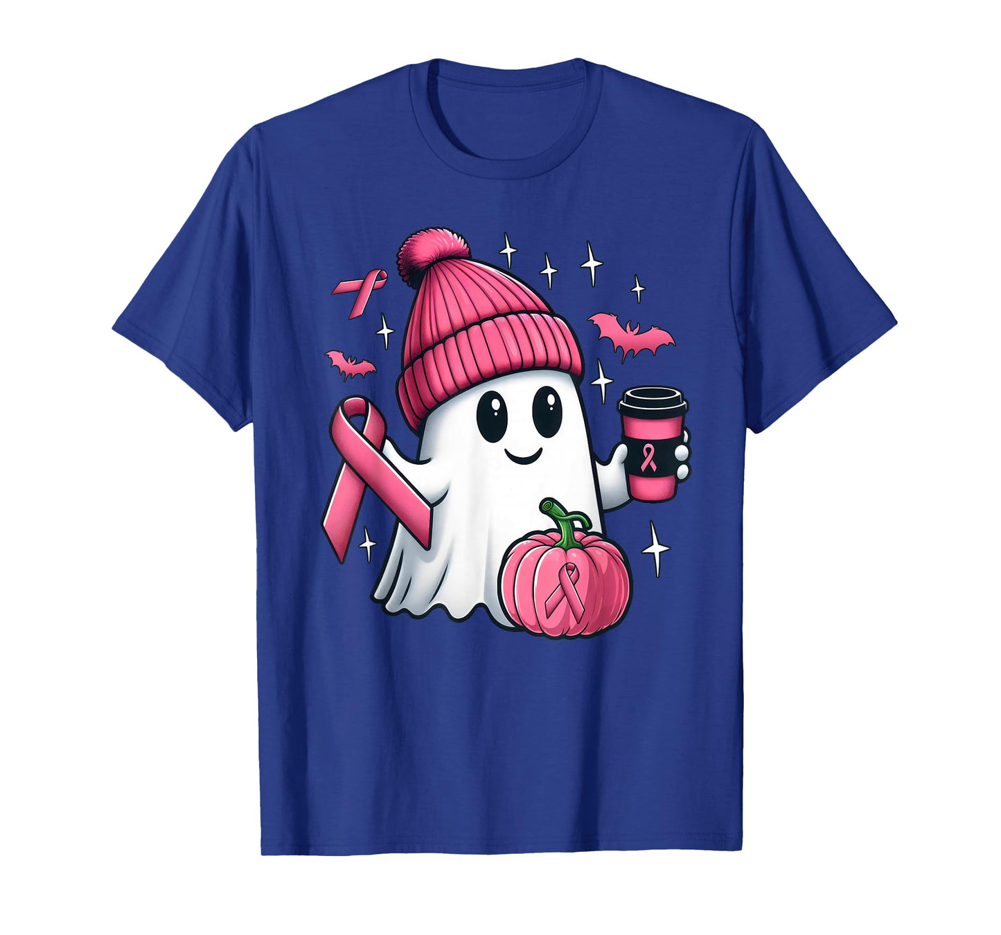 Cute Ghost Drinking Coffee Halloween Breast Cancer Awareness T-Shirt