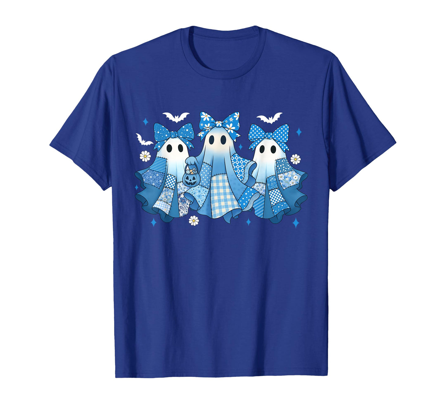 Demin Patchwork Cute Ghost Spooky Season Happy Halloween T-Shirt