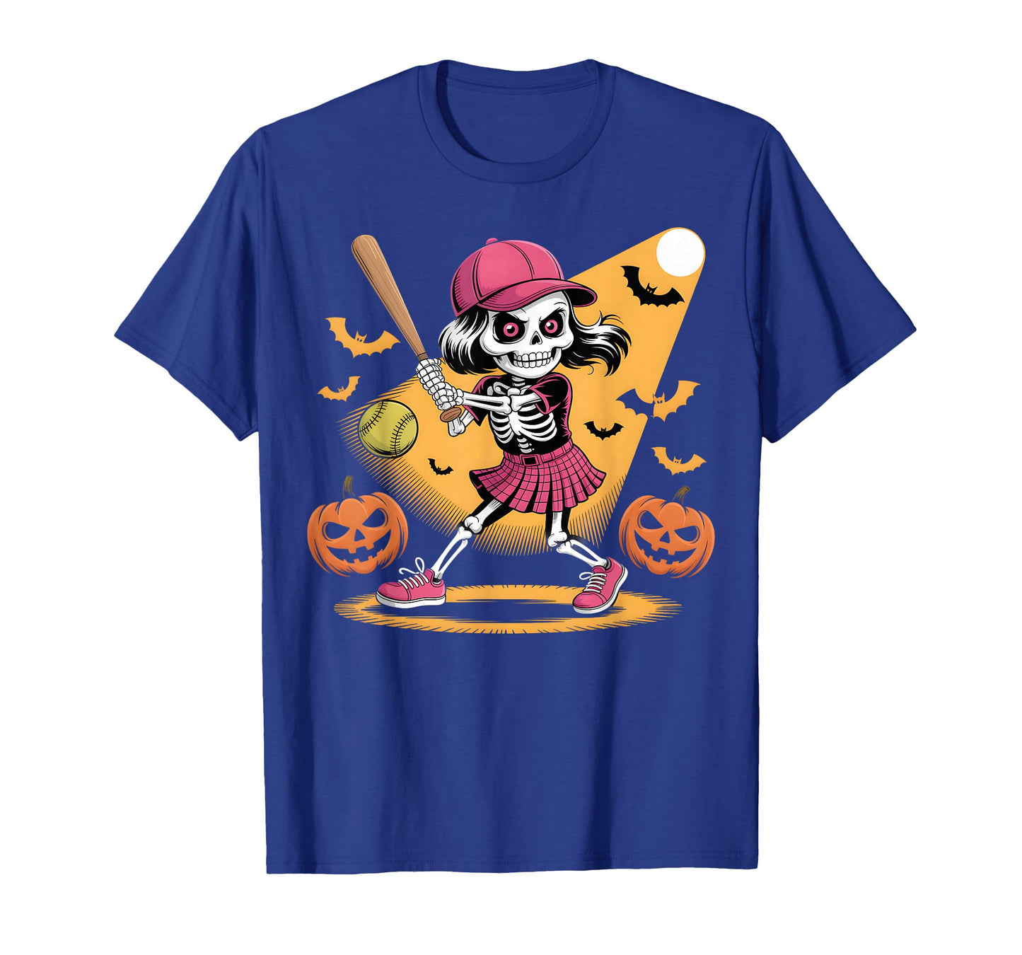 Skeleton Girl Softball Halloween Pumpkins and Bats Costume T-Shirt