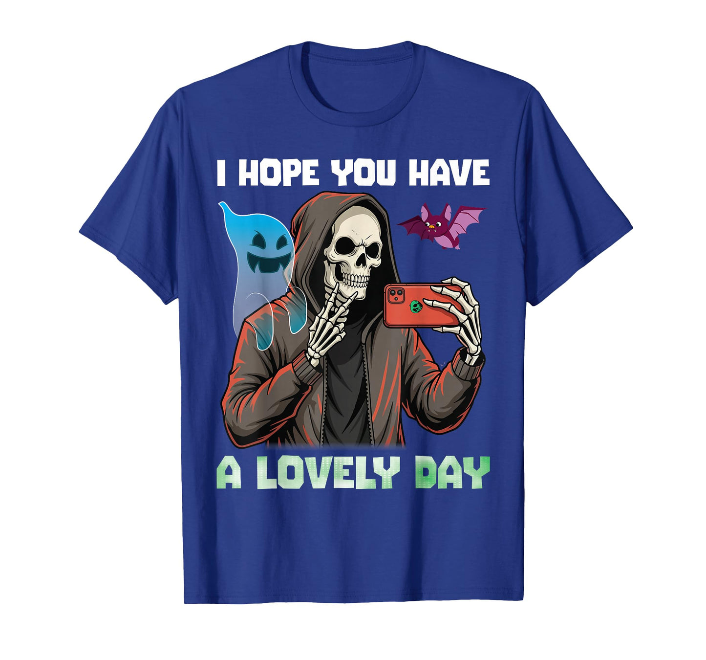 I Hope You Have A Lovely Day Skeleton Selfie with Ghost Bat T-Shirt