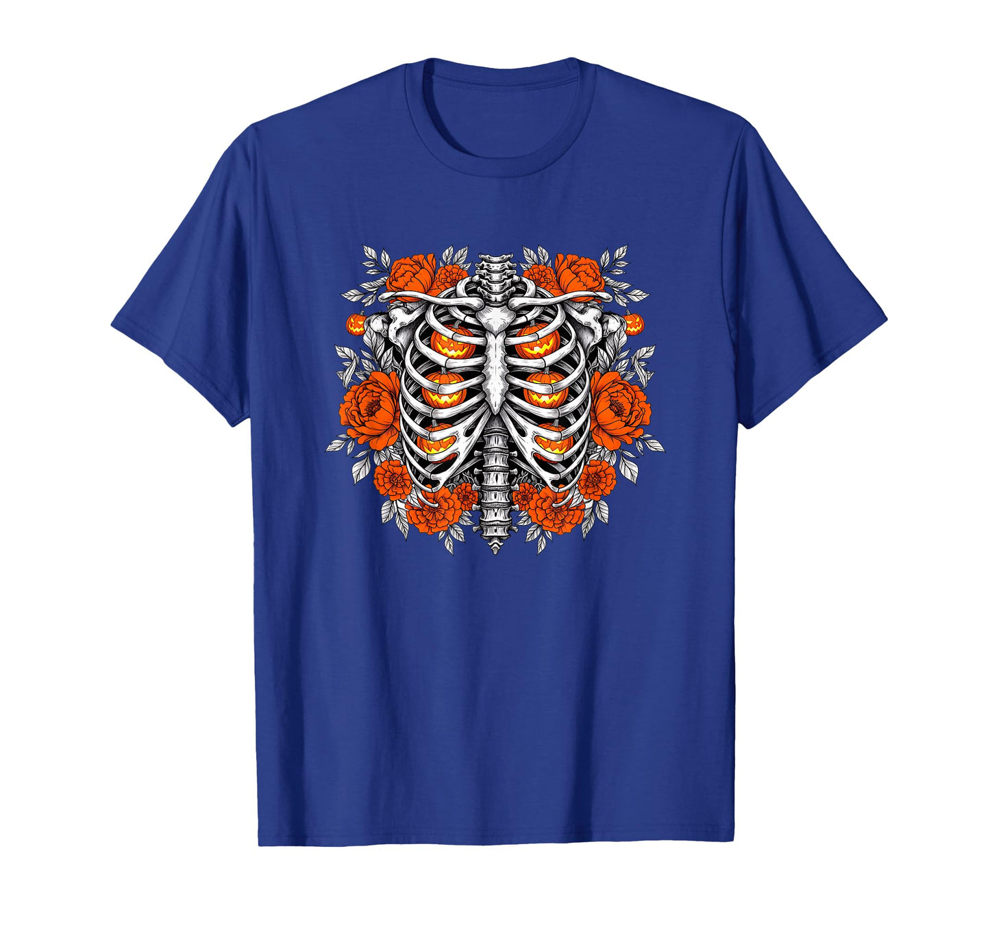 Skeleton Ribcage Floral with Pumpkins Design T-Shirt