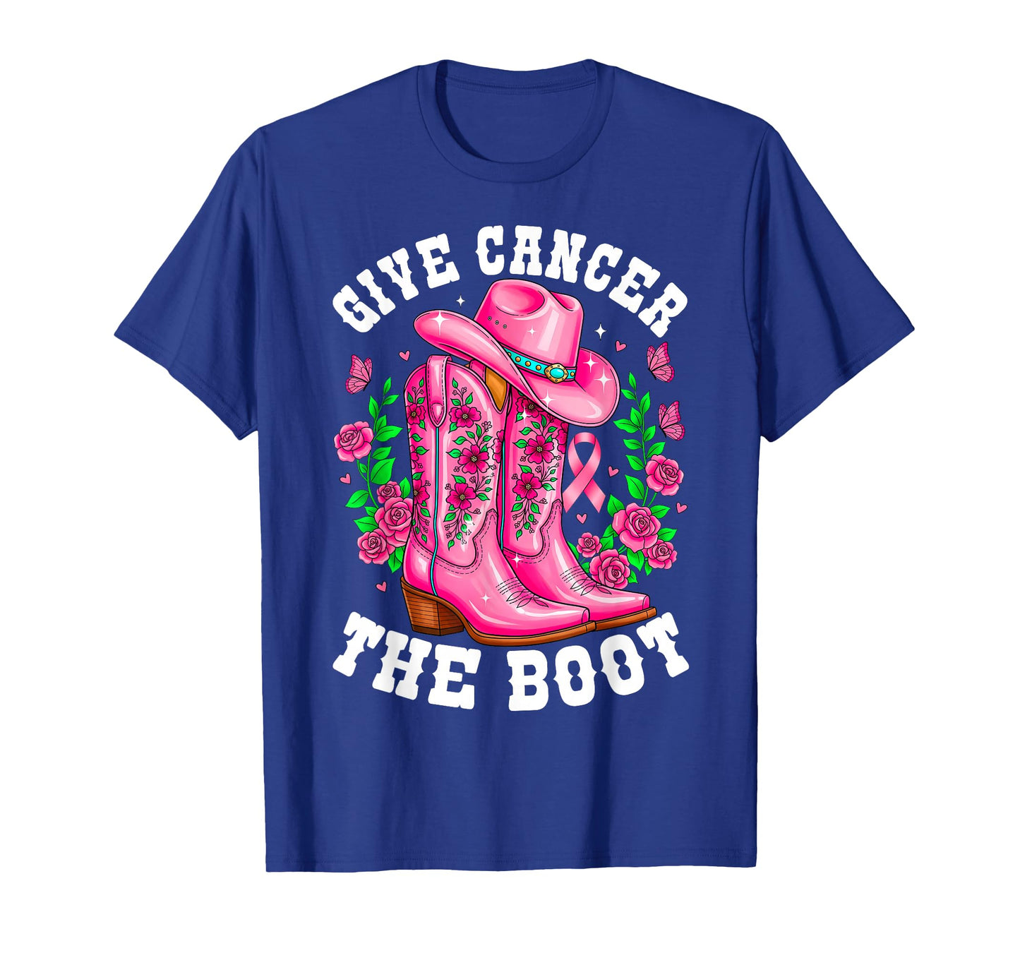Give Cancer The Boot Cowgirl Breast Cancer Awareness Ribbon T-Shirt