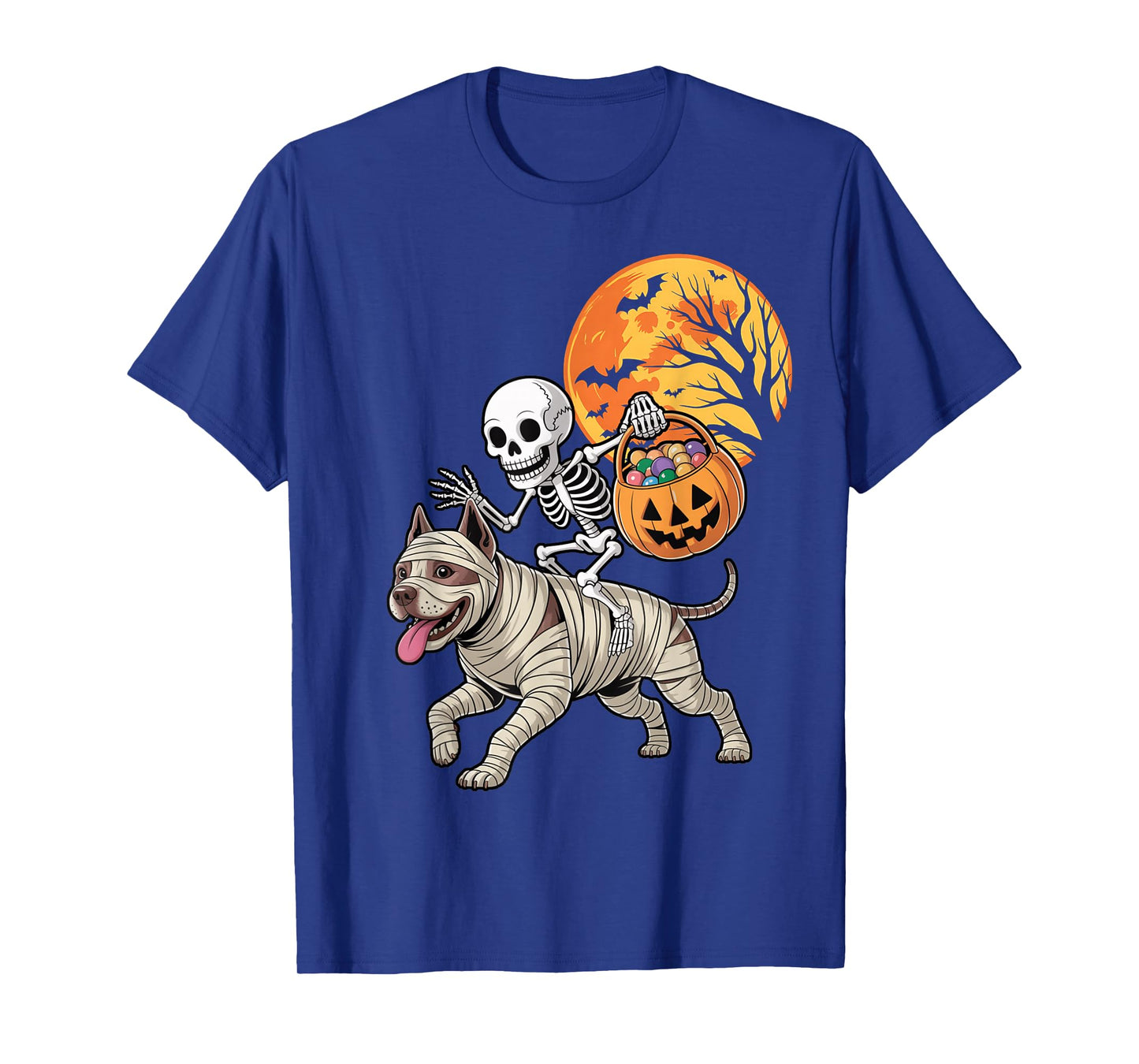 Funny Skeleton Riding Mummy Pitbull Dog Women Men Halloween T-Shirt