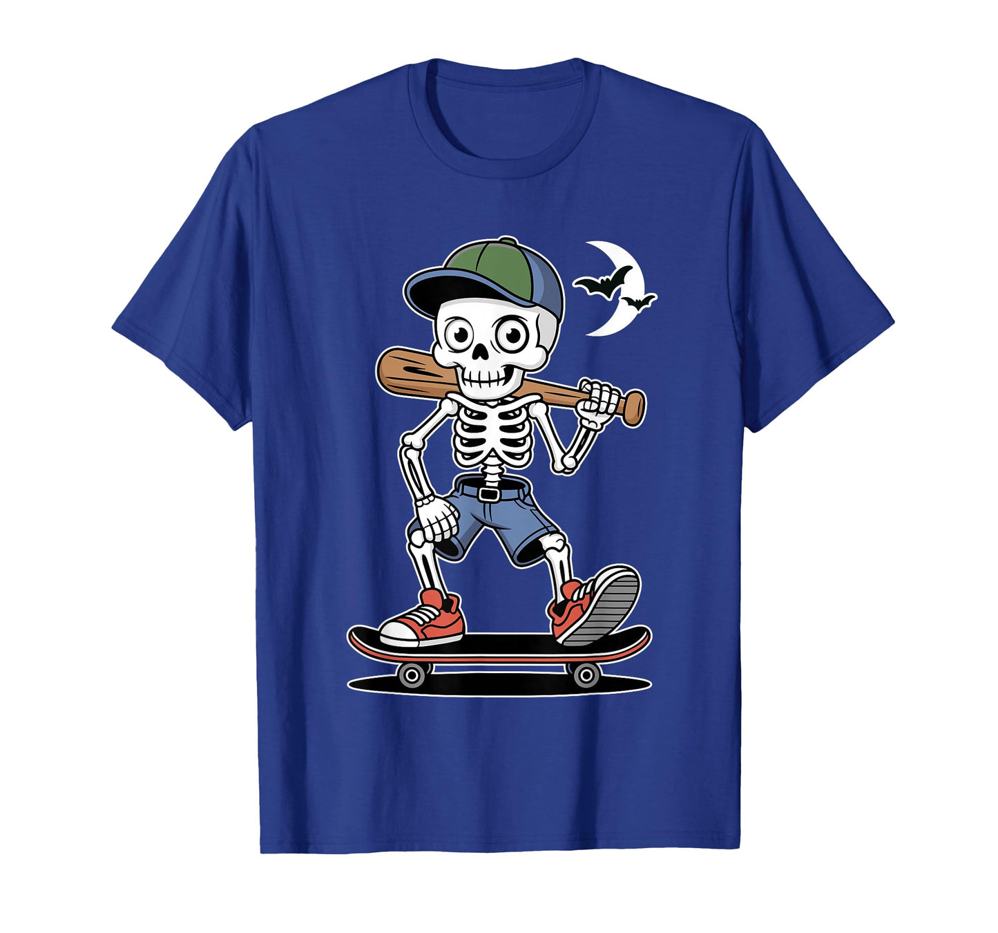 Halloween Skeleton Skater Baseball Moon Graphic T-Shirt