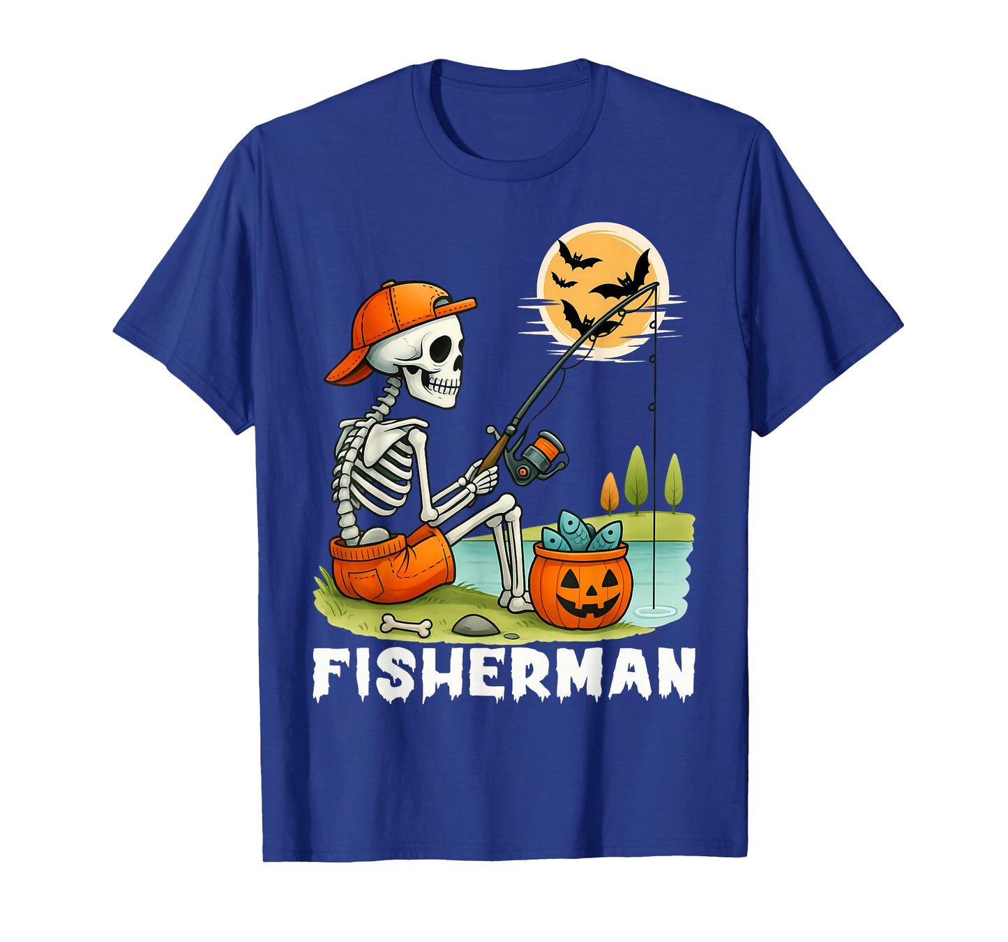 Skeleton Fisherman Halloween Fishing Men Women Kids T-Shirt