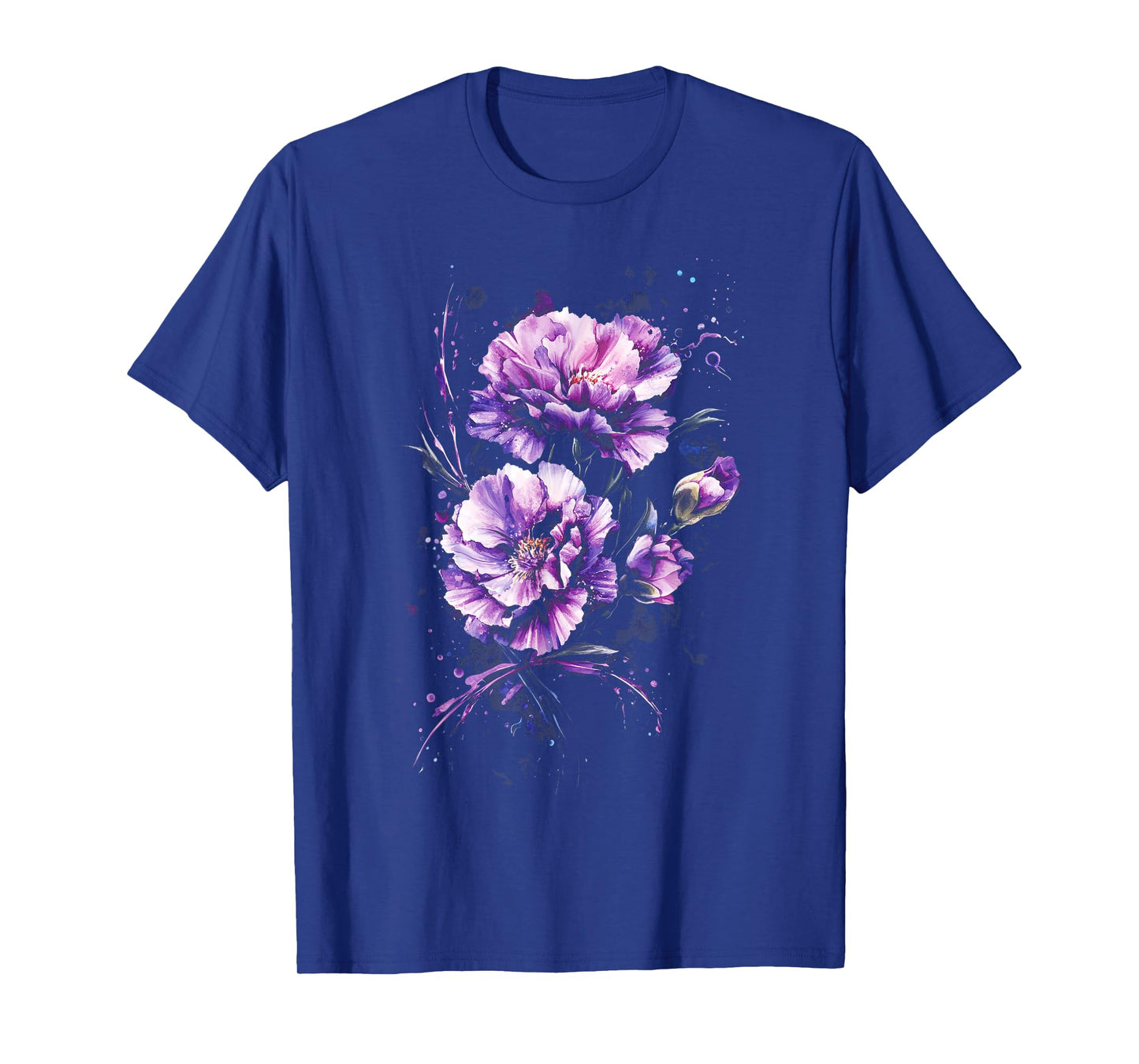 Purple Carnations Watercolor Splash Effect Floral T-Shirt