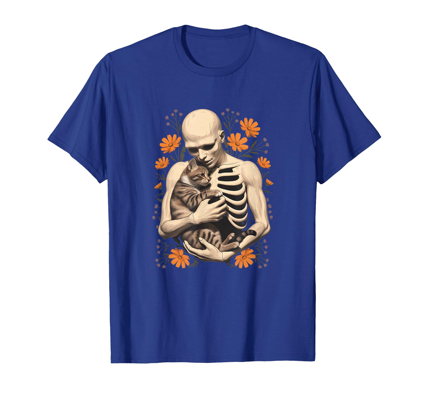 Funny Skeleton Hugging Cat Floral Halloween Cats Lover T-Shirt
