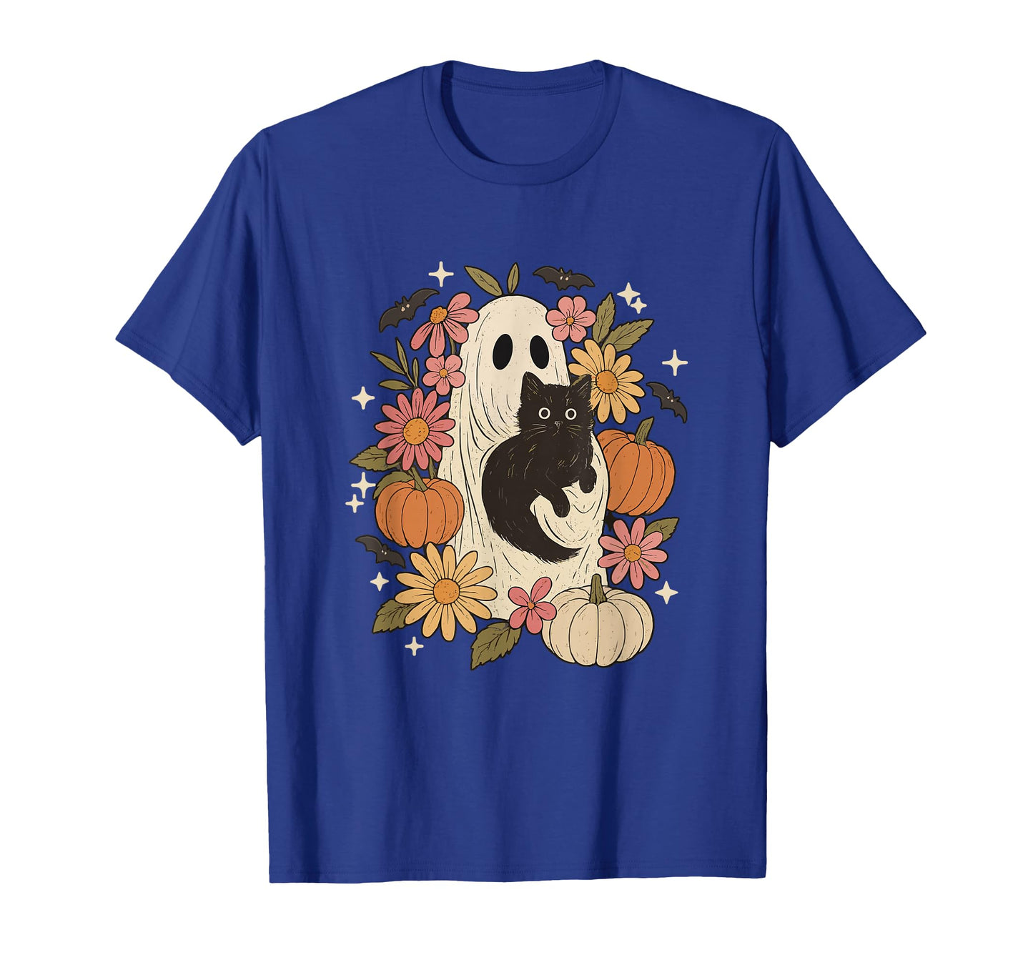 Spooky Vibes Floral Black Cat Ghost Halloween Pumpkin Spooky T-Shirt