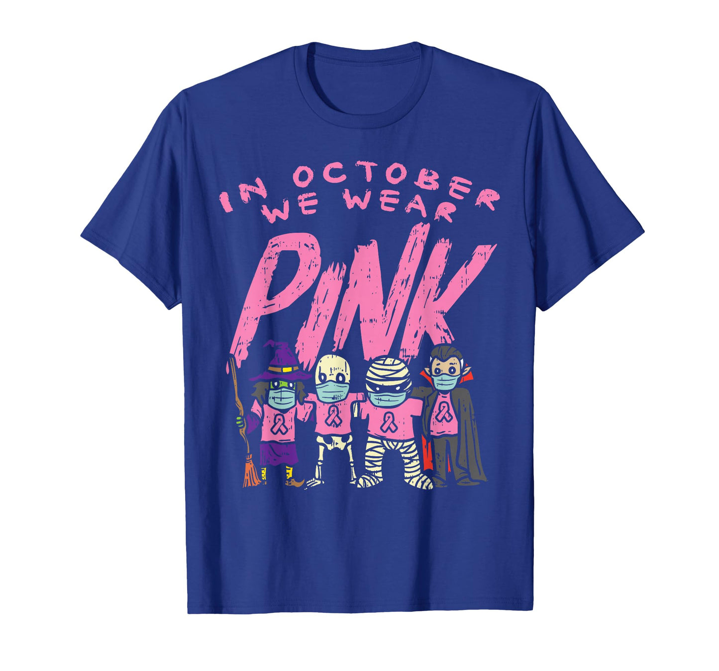 October We Wear Pink Witch Skeleton Breast Cancer Halloween T-Shirt