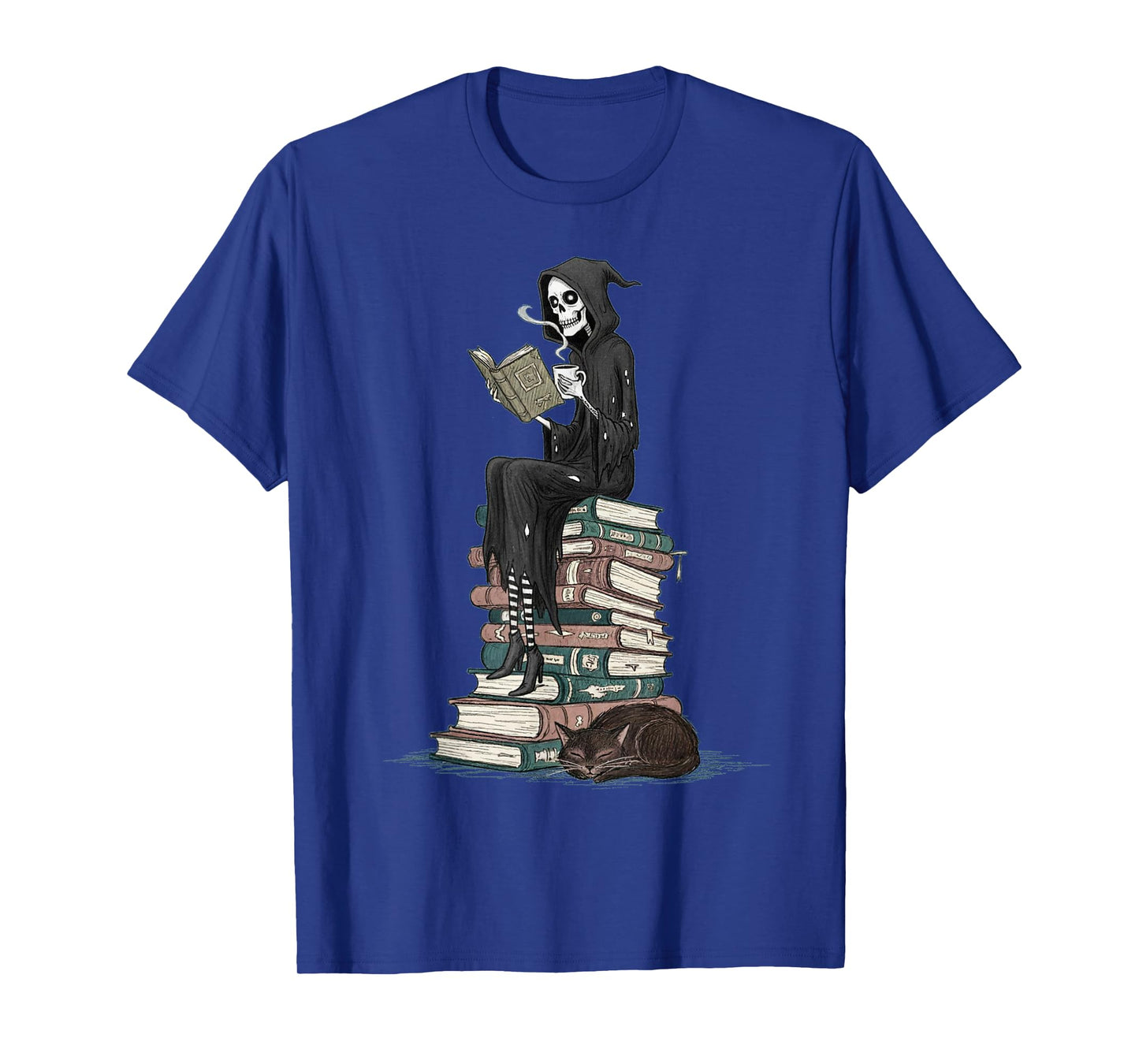 Reading Skeleton with Cat on Stacked Books Design T-Shirt