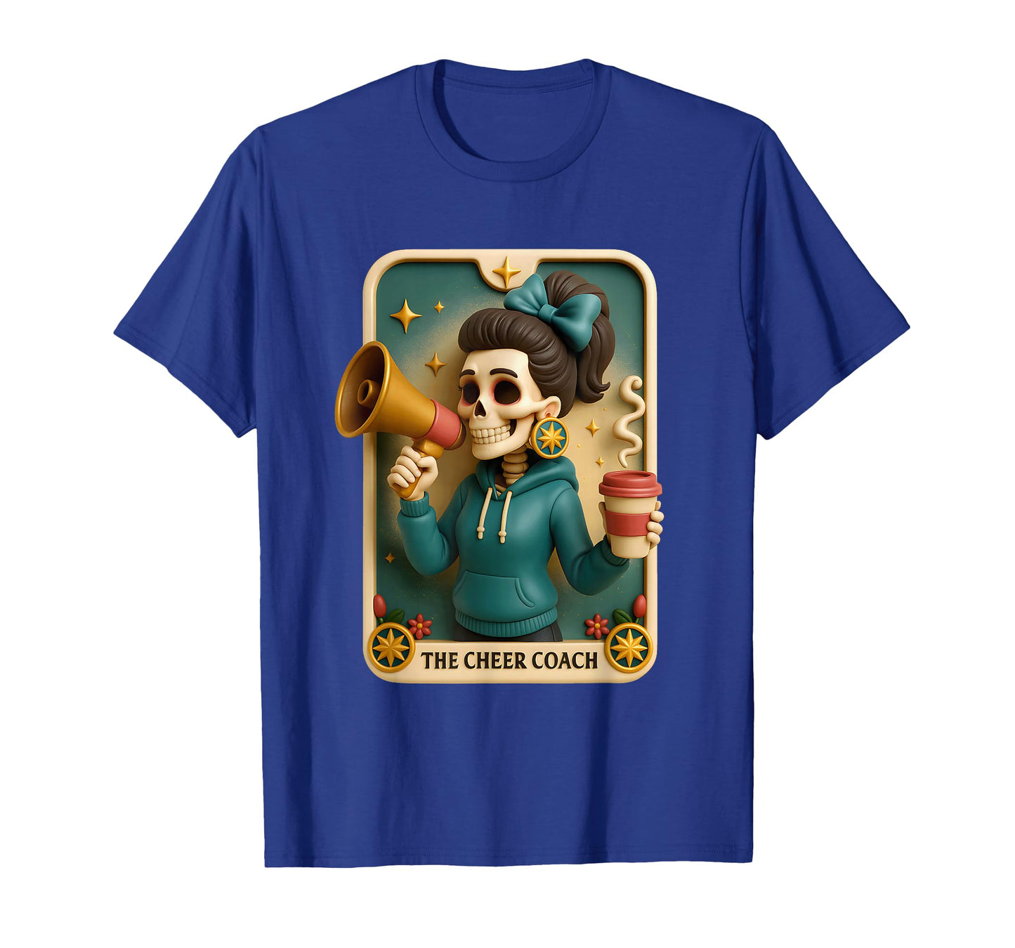 The Cheer Coach Skeleton Tarot Card Megaphone Halloween T-Shirt