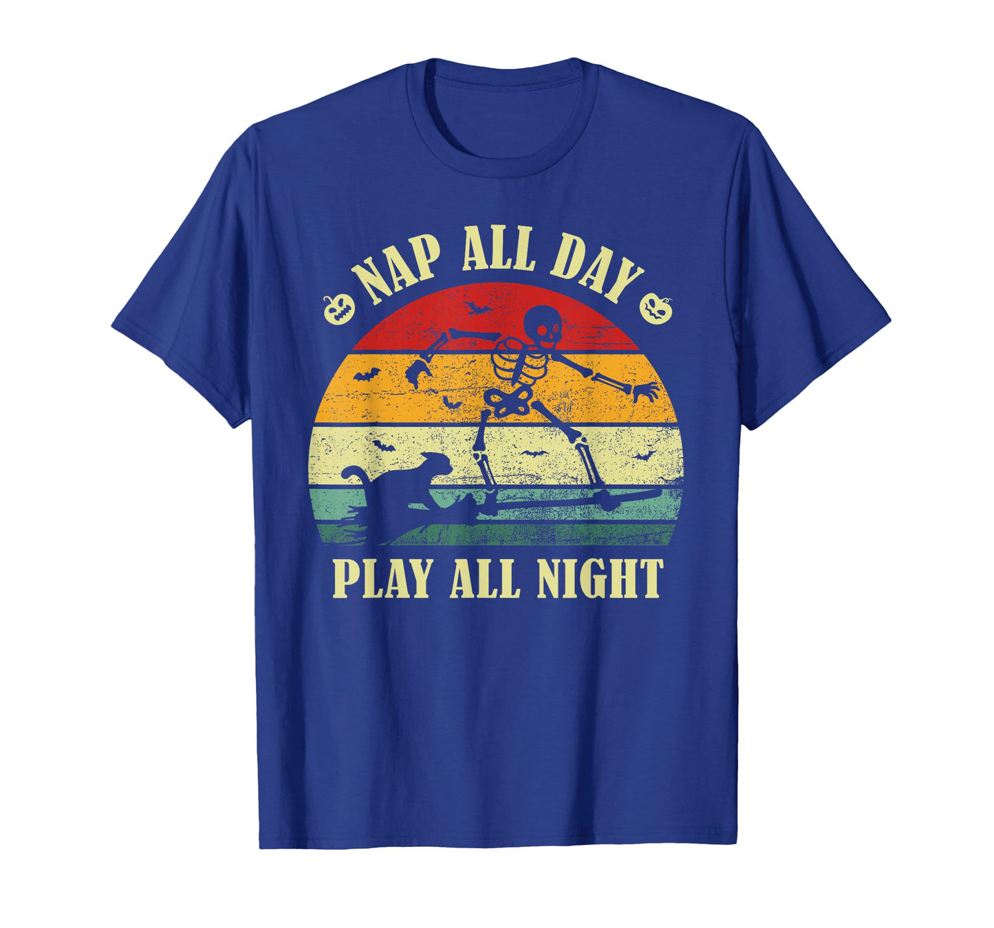 Nap All Day, Play All Night Fun Cat Witch Halloween Skeleton T-Shirt