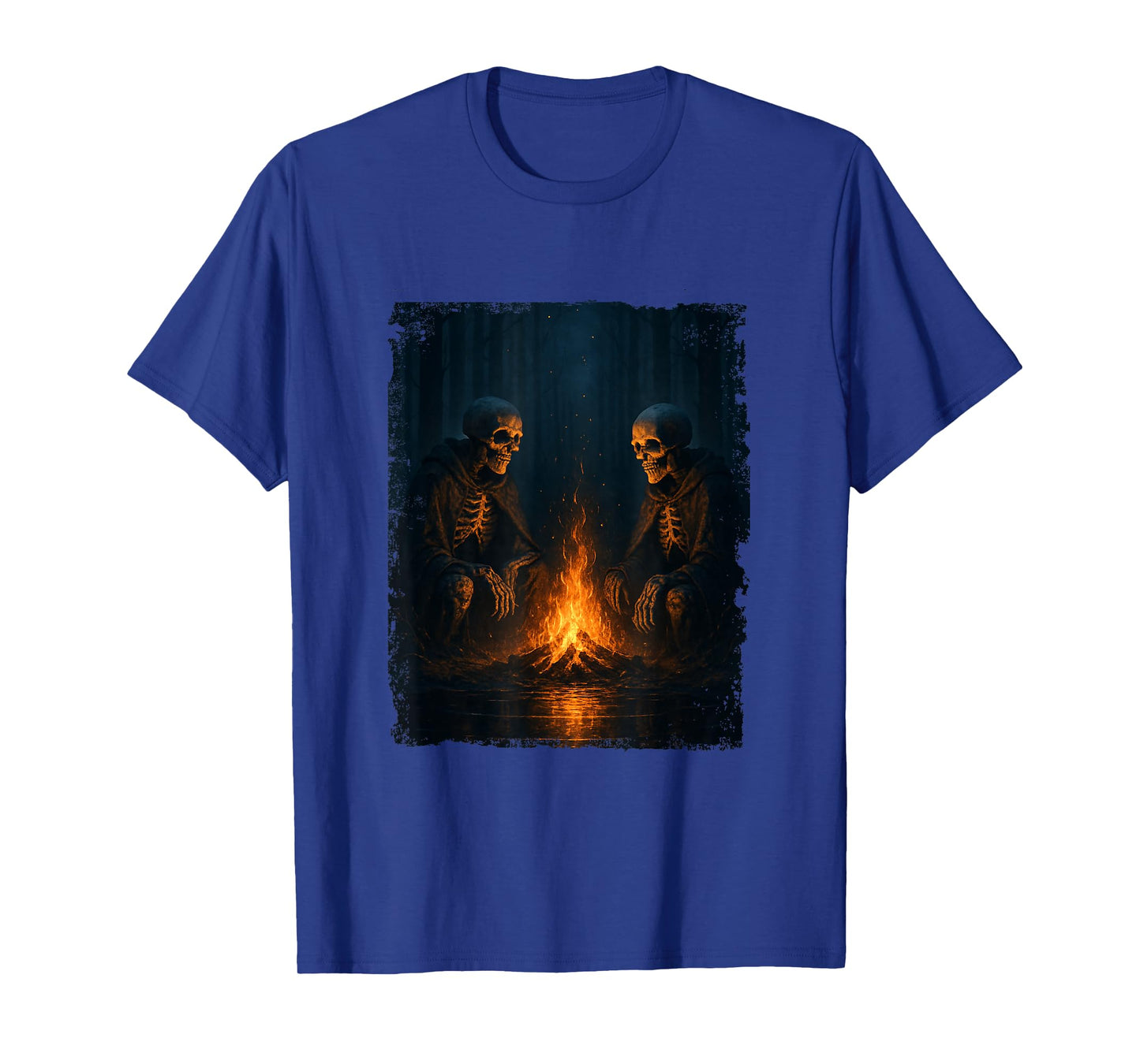 Skeletons by Fire Camping Forest Halloween Art Mens Womens T-Shirt