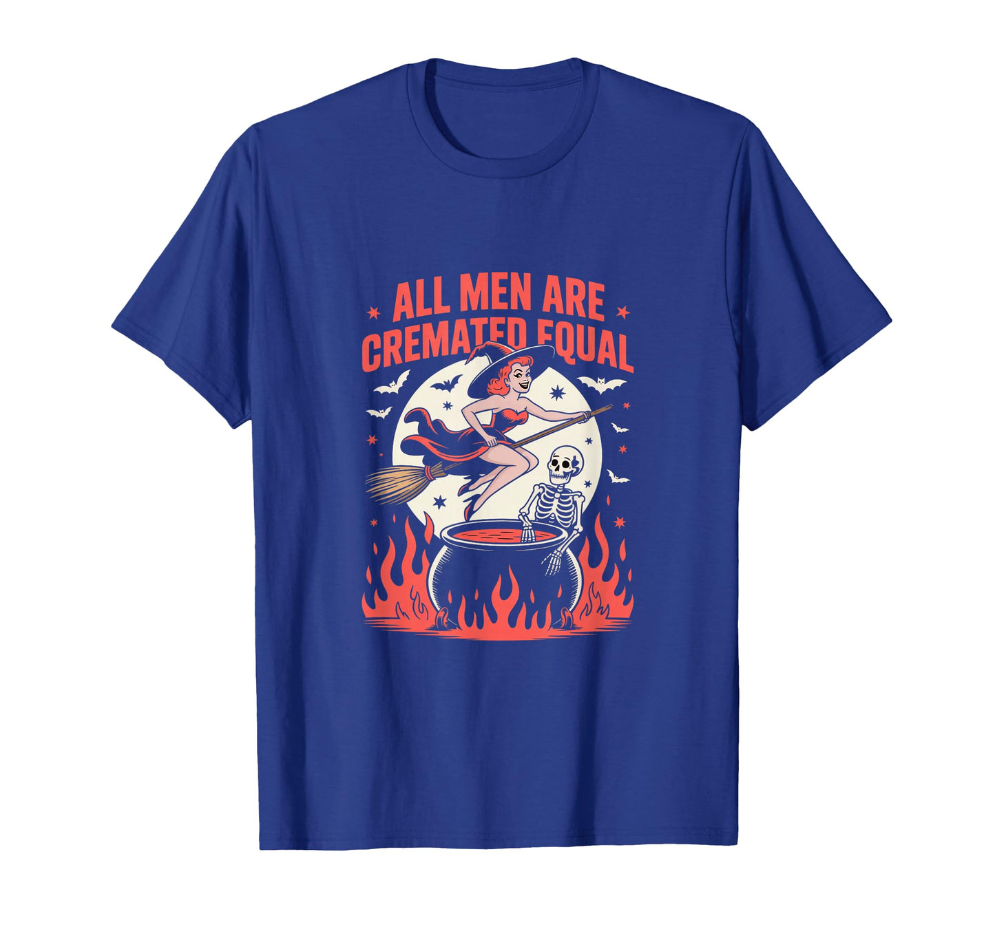 Vintage Halloween Witch Skeleton Retro Moon Bats Flames T-Shirt