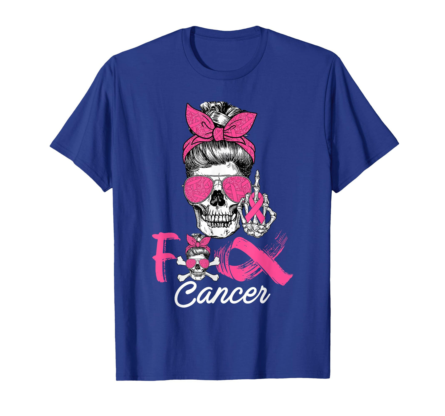 Fuck Cancer Breast Cancer Messy Bun Skeleton Halloween Day T-Shirt