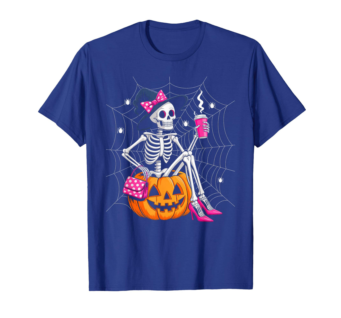 Funny Halloween Skeleton Skull Women Drinking Coffee Pumpkin T-Shirt
