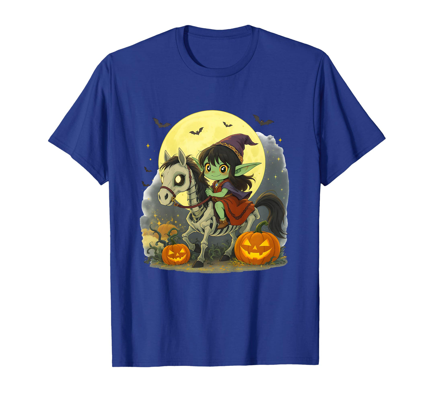 Halloween Girl Dark Elf Goblin Troll Riding Horse Skeleton T-Shirt
