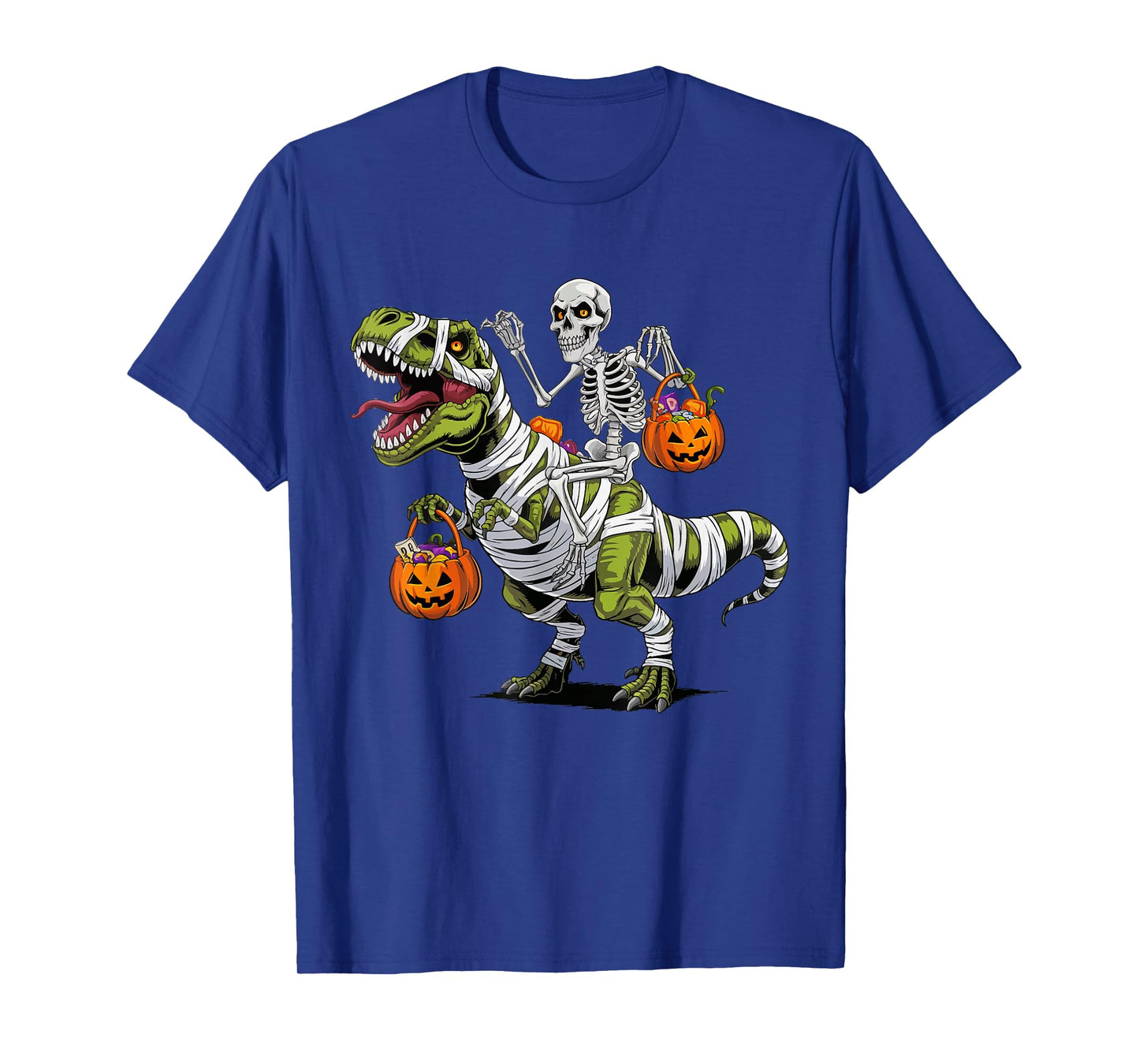 Skeleton Riding Mummy Dinosaur T rex Halloween Funny Pumpkin T-Shirt