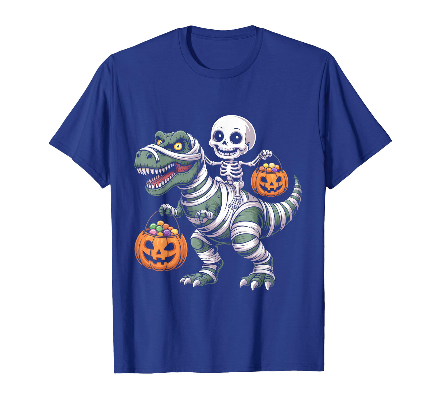 Skeleton Riding Mummy Dinosaur T rex Halloween Funny Pumpkin T-Shirt