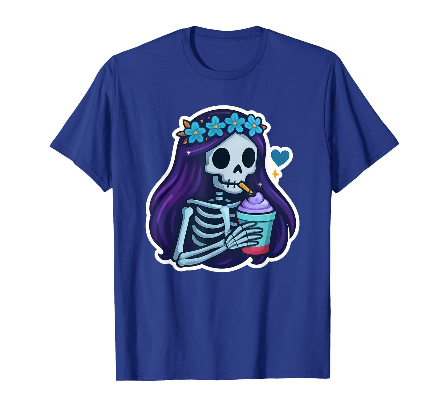 Skeleton Girl Drinking Coffee Peace Sign Graphic for Women T-Shirt