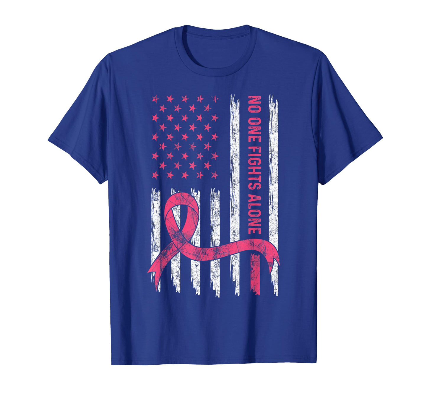 Pink Ribbon American Flag No One Fights Breast Cancer Alone T-Shirt