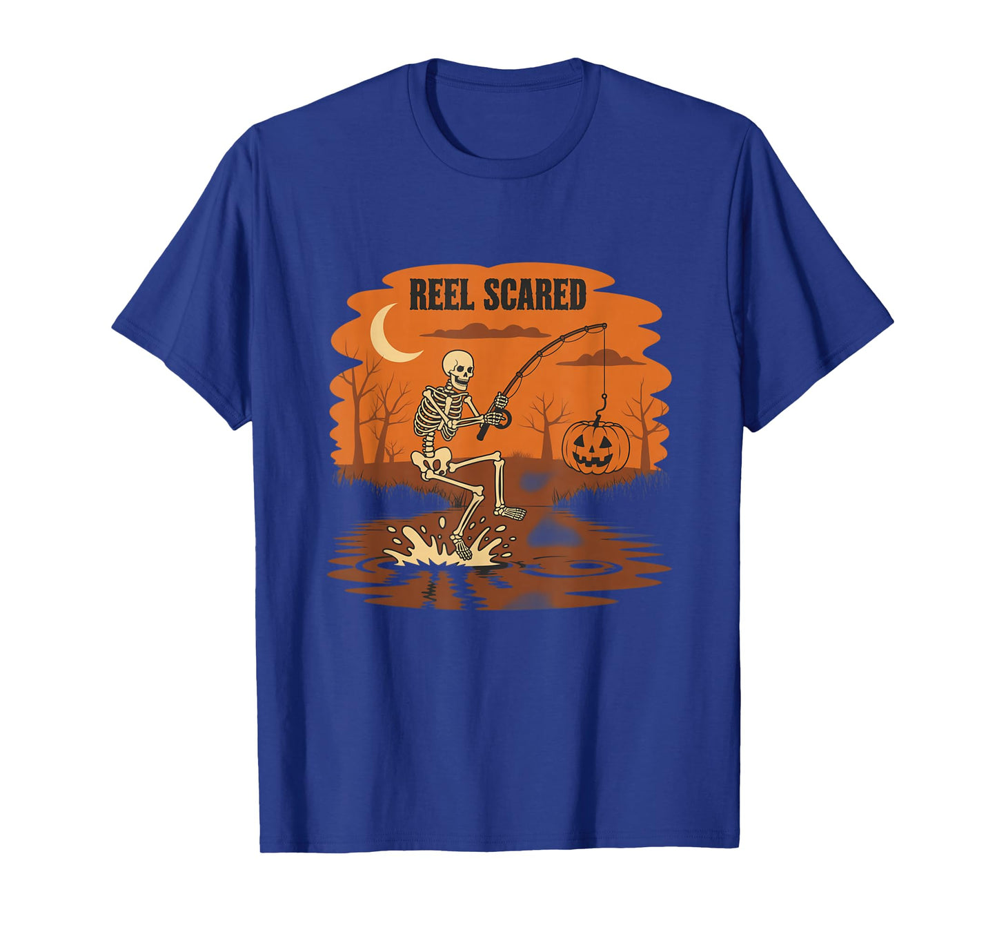 Reel Scared Halloween Fishing Skeleton Pumpkin Scene T-Shirt