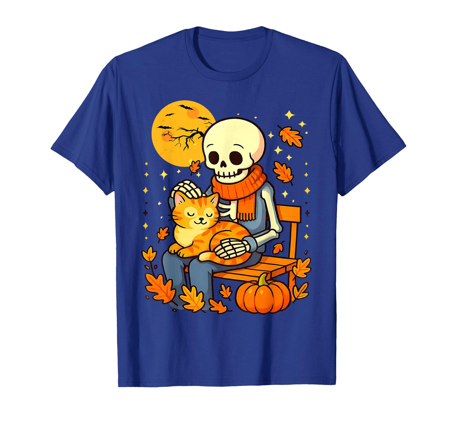 Skeleton Hugging Cat Floral Autumn Halloween Cats Lover T-Shirt
