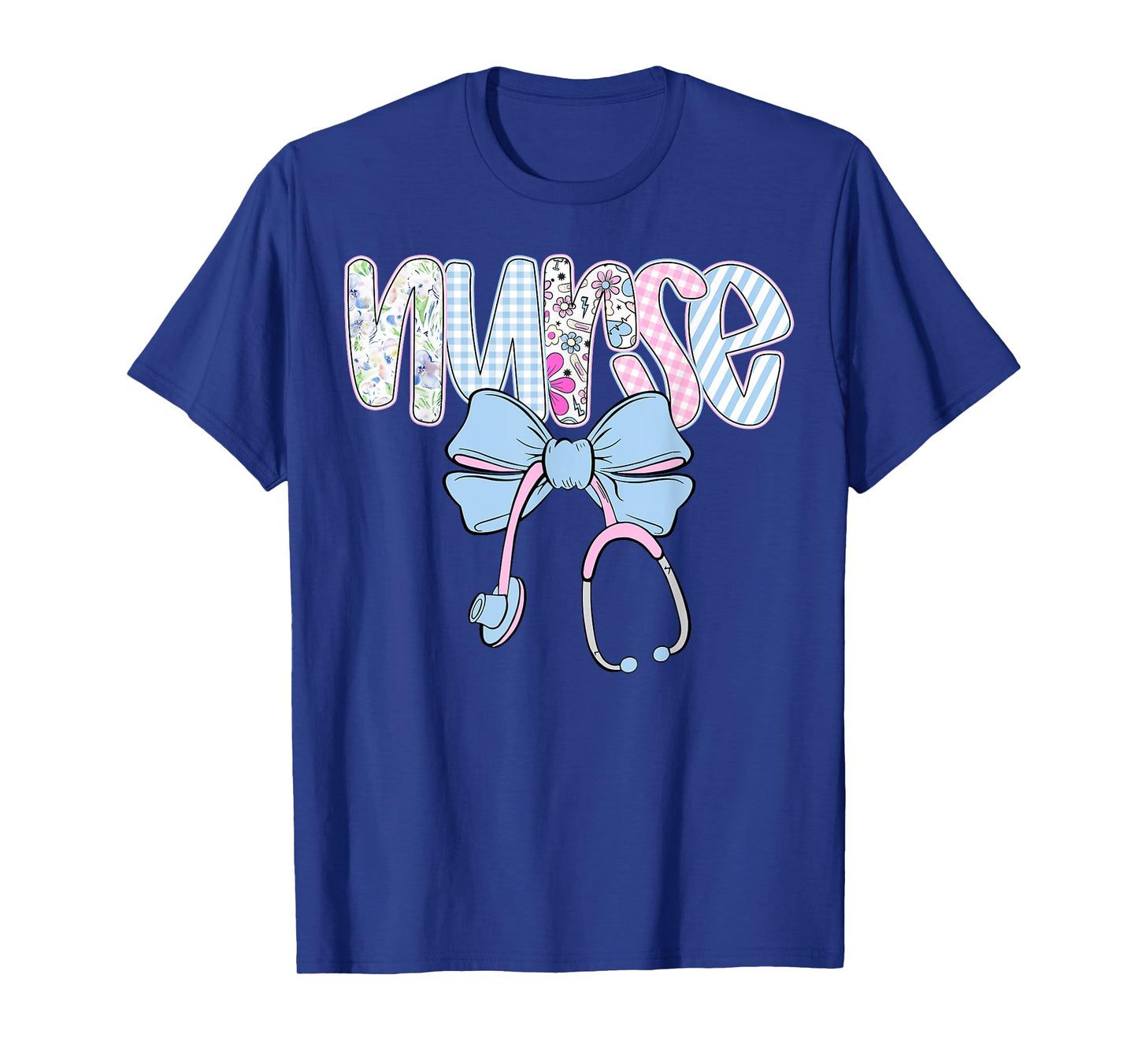 Nurse Floral Blue Coquette Bow Nurse Stethoscope RN CNA ER T-Shirt