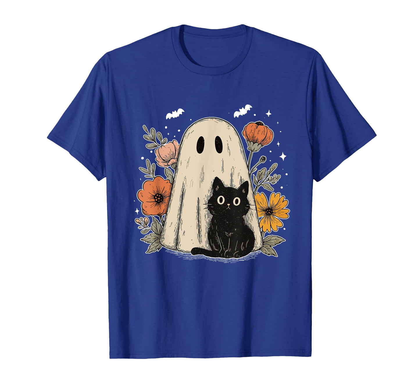 Spooky Vibes Floral Black Cat Ghost Halloween Pumpkin Spooky T-Shirt
