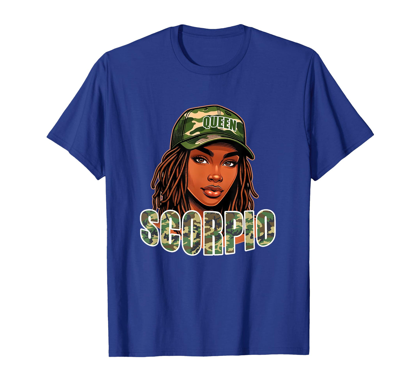 Scorpio Queen Black Woman Camo Hat Locs Birthday T-Shirt