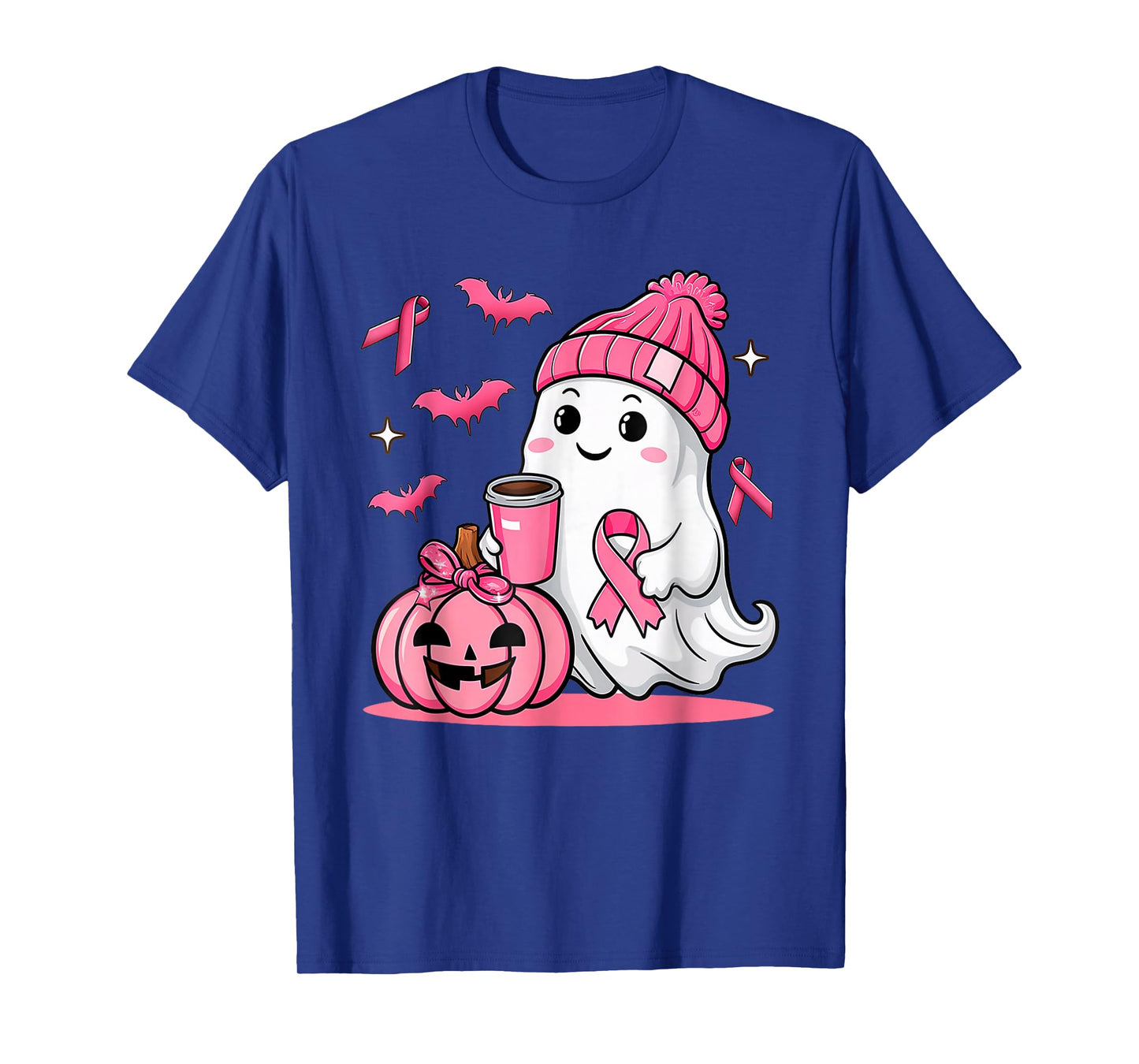 Cute Ghost Drinking Coffee Halloween Breast Cancer Awareness T-Shirt