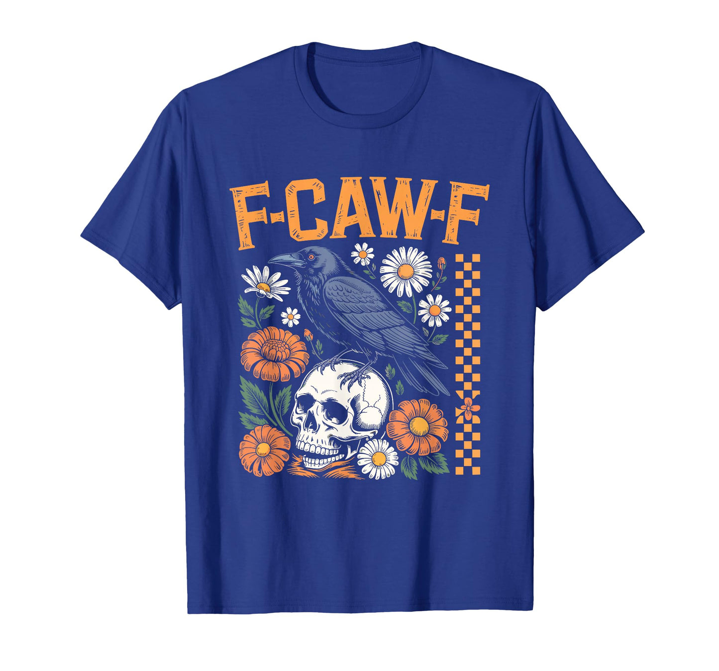 Checkered Floral Crow Raven F-CAW-F Halloween Dark Bird T-Shirt