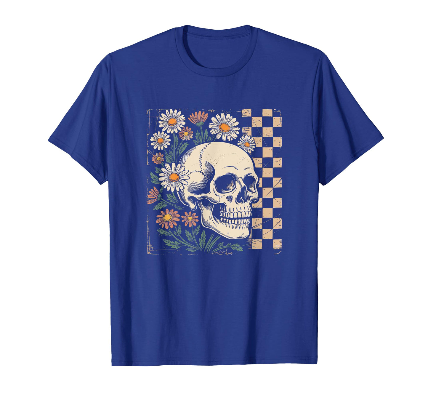 Checkered Floral Skeleton Halloween Spooky Season T-Shirt
