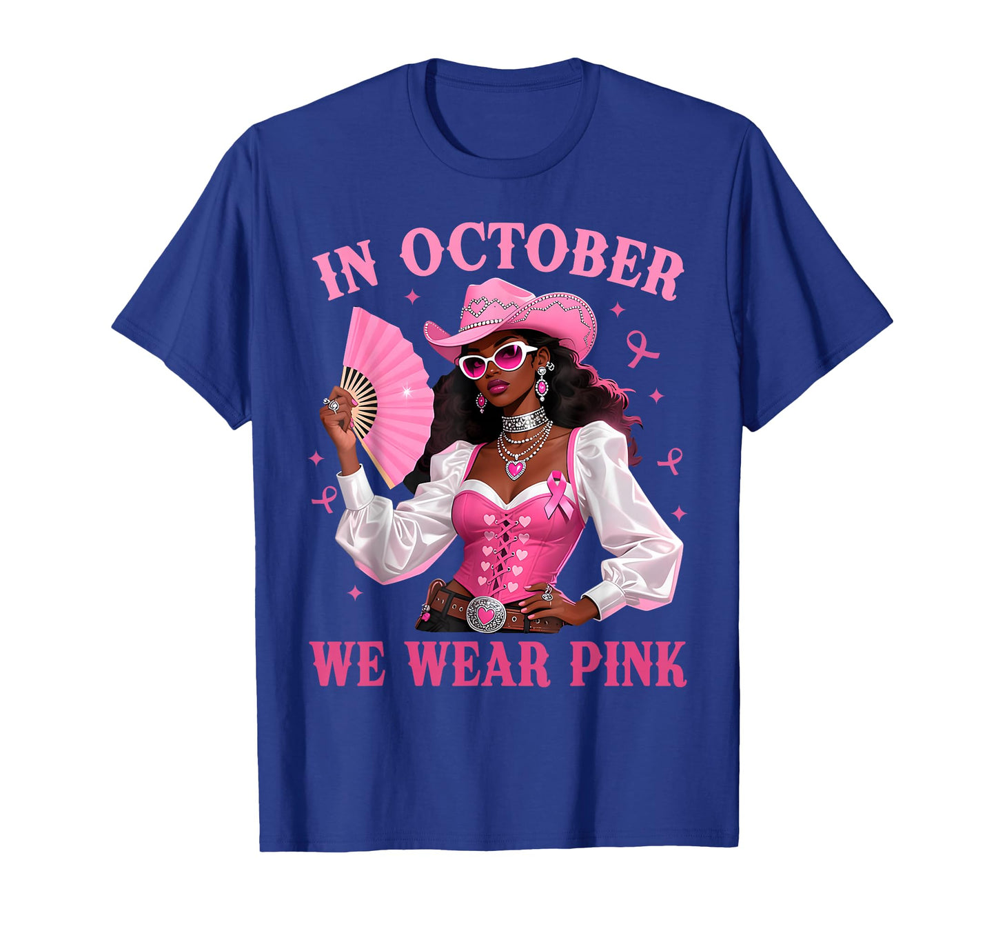 in October We Wear Pink Afro Western Cowgirl Breast Cancer T-Shirt