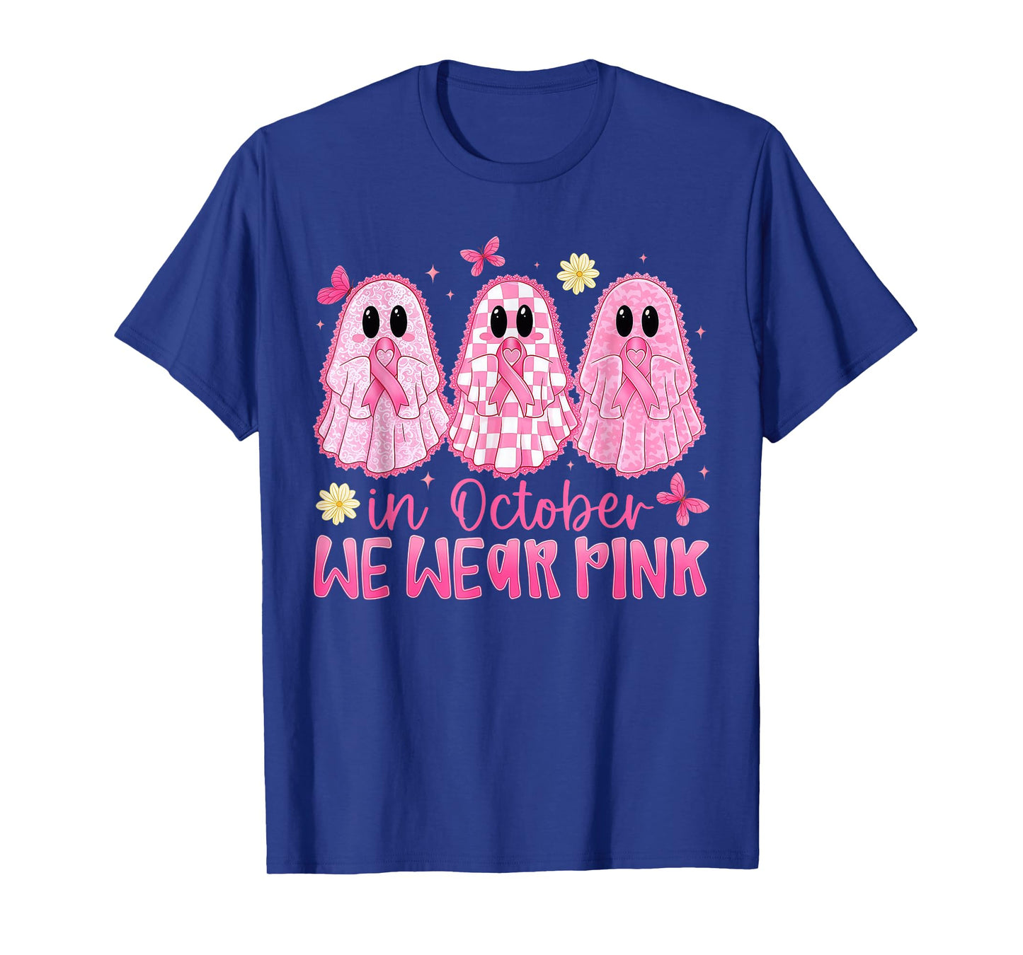 in October We Wear Pink Ghost Witch Breast Cancer Awareness T-Shirt