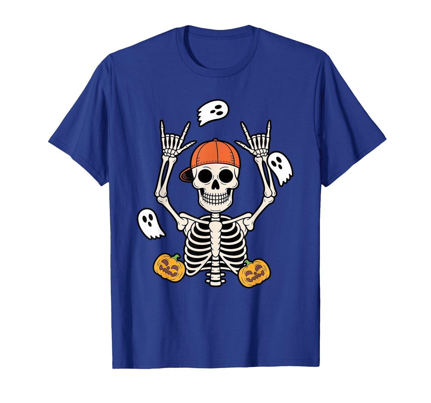 Halloween Skeleton with Pumpkins and Ghosts Rock Pose T-Shirt