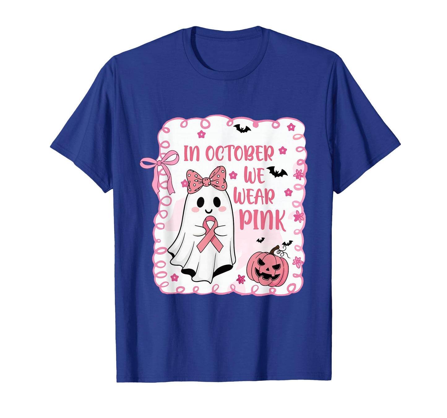 in October We Wear Pink Preppy Pink Ghost Halloween T-Shirt